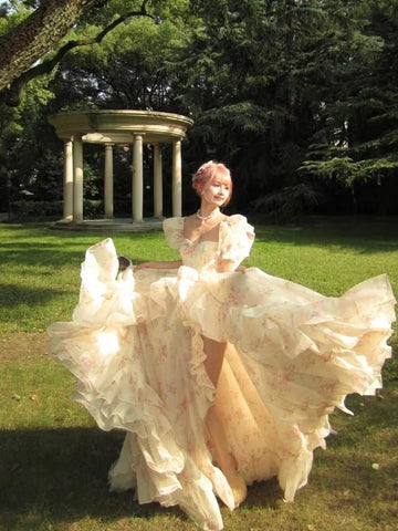 Romantic A Line Puff Sleeve Print Flower Chiffon Party Dress Evening Dress with Slit HZ1023